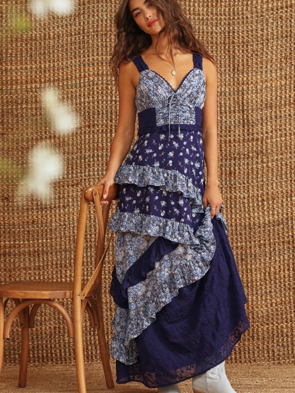 Altar'd State Navy Blue Floral Maxi Dress with Ruffle Tiers